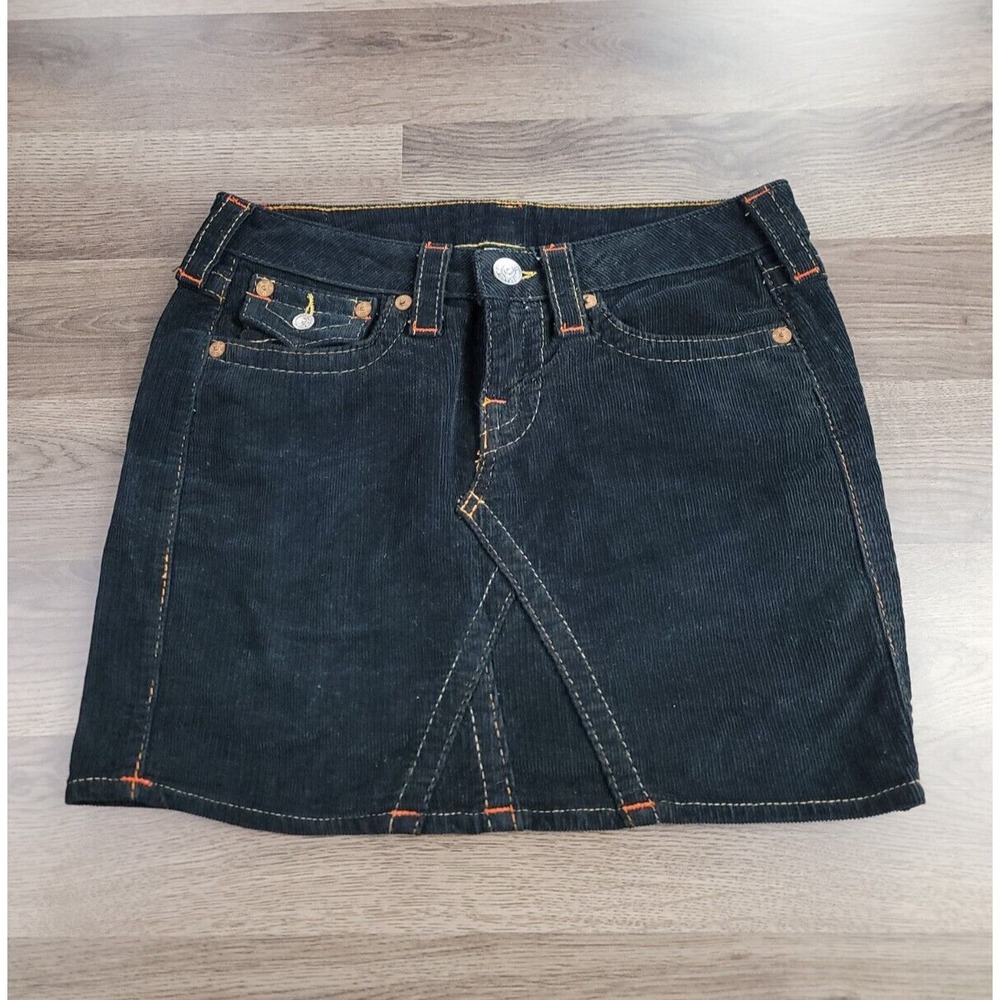 Y2K 2000s True Religion Black Dark Navy Corduroy Mini Skirt Size 29* Womens